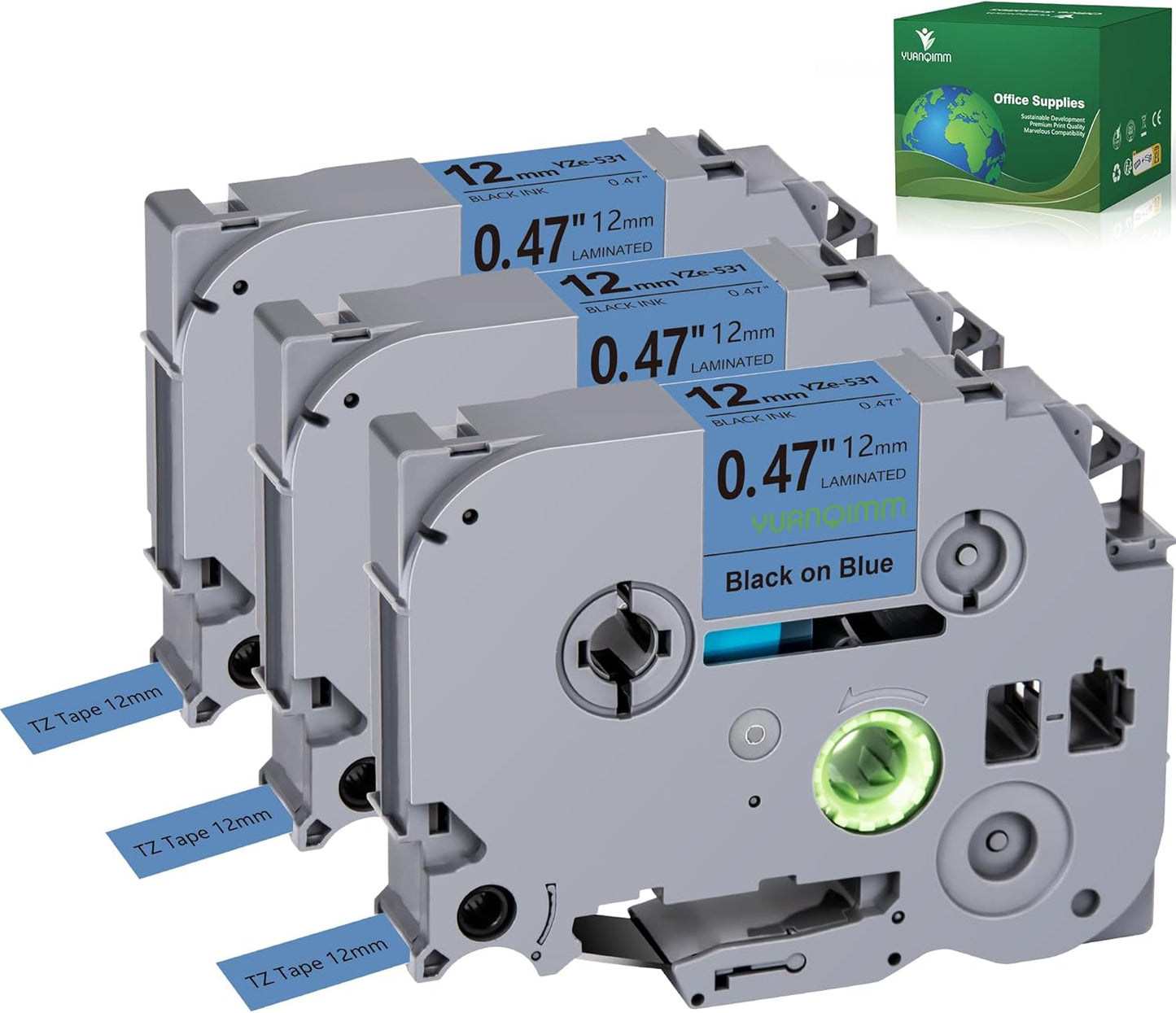 TZe-531 12mm TZe TZ Blue Tape Compatible with Brother P Touch Label Maker Tape TZ-531 TZe531 TZ531 Label Tape 12mm 0.47 Laminated Black on Blue for PT D200 D210 D220 D400 Cube, 3-Pack