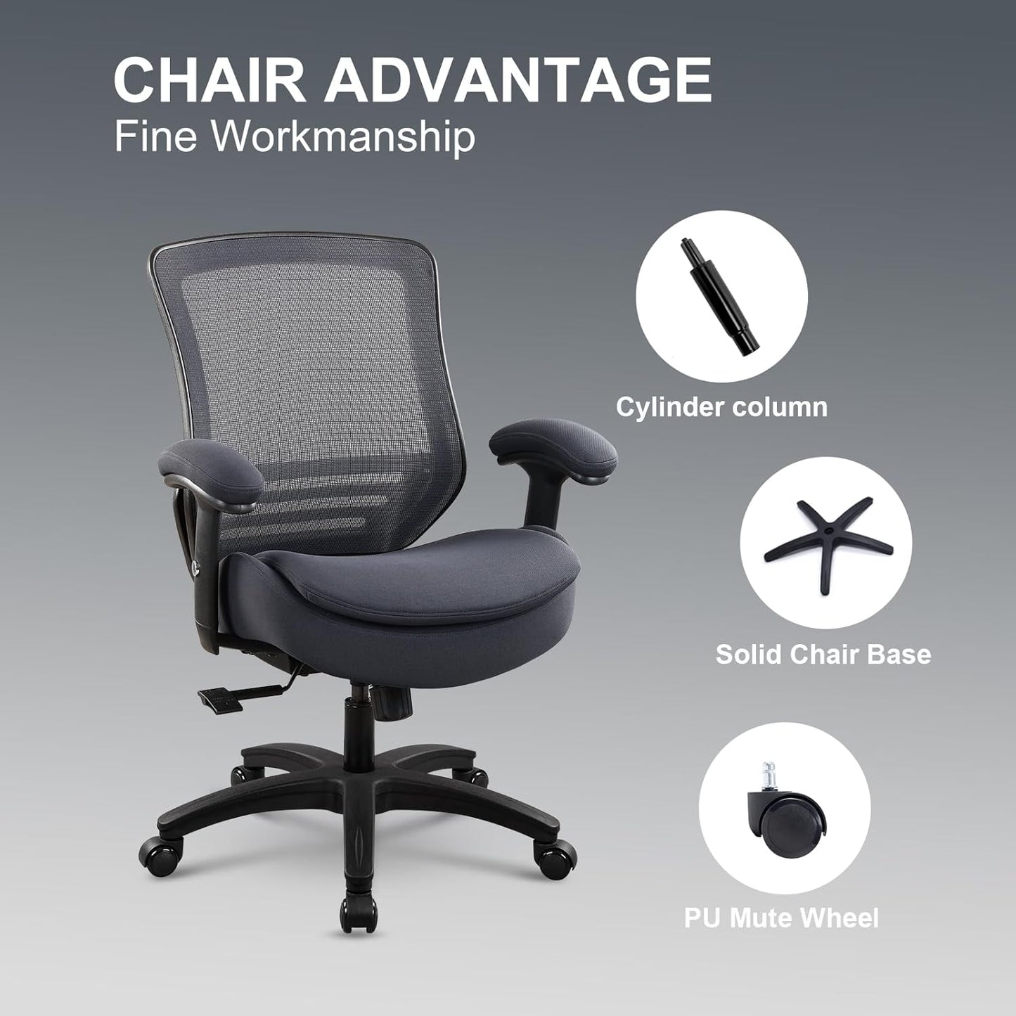 400lbs Ergonomic Office Chair with Double Seat Cushion and Soft Armrests for Executive Computer Desk with Built-in Lumbar Support(Gray)