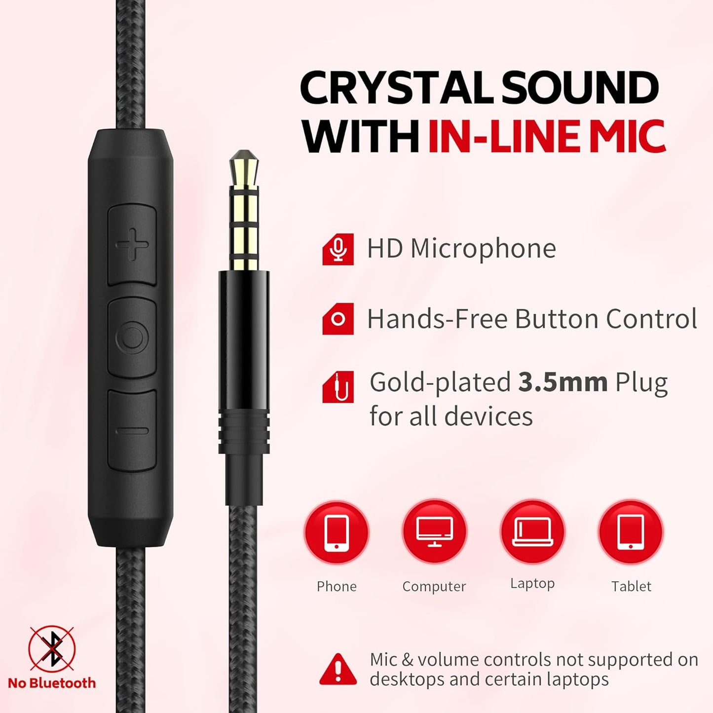 Over Ear Headphones Wired, AC01 Corded Stereo Headsets with Microphone Volume Control for Adults Teens Kids 3.5mm Jack for Chromebooks, Laptop, Computer, Tablets, Travel (Black Red)