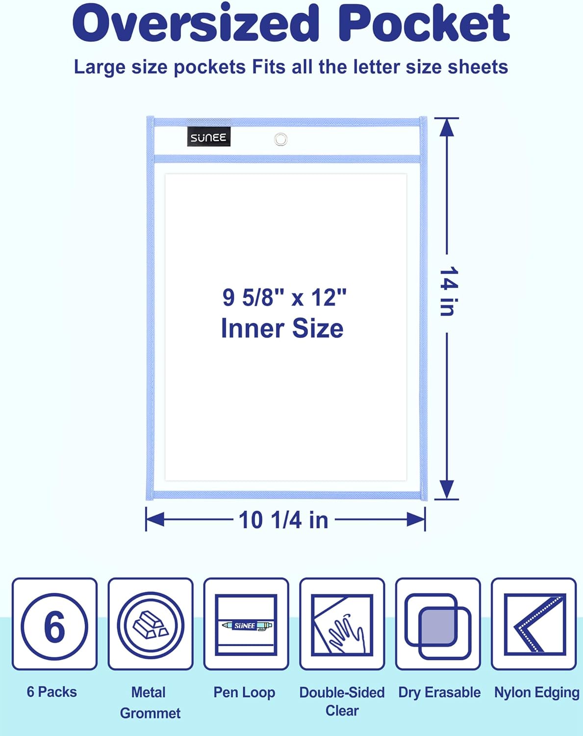 SUNEE 6 Packs Oversized Reusable Dry Erase Pocket Sleeves with Binder Ring, 6 Morandi Colors 10x14 Ticket Holders, Clear Plastic Sheet Protectors, Teacher School Classroom Supplies