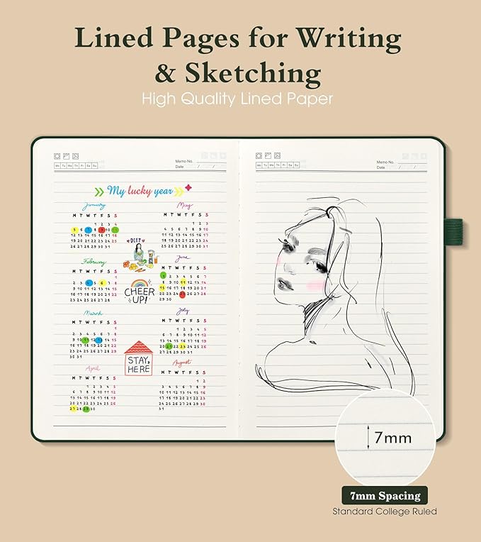 Lined Journal Notebook for Men Women, 160 Pages Ruled Paper, Inner Pocket, A5 Hardcover Vintage Leather Notebooks for Work, School, Travel Journaling, Daily Diary, Notepad 5.8" x 8.5" (Green)