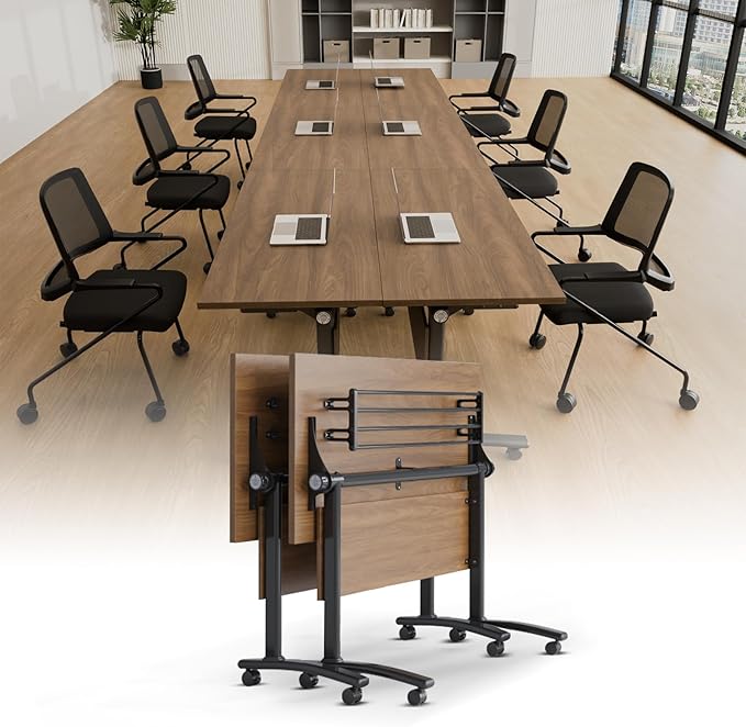 Conference Room Table with Silent Wheels, Mobile Folding Conference Table for 16 Person,Flip Top Office Training Tables with Walnuts Wood Tabletop, for School,Business Meeting Rooms (2 Pack 55in)