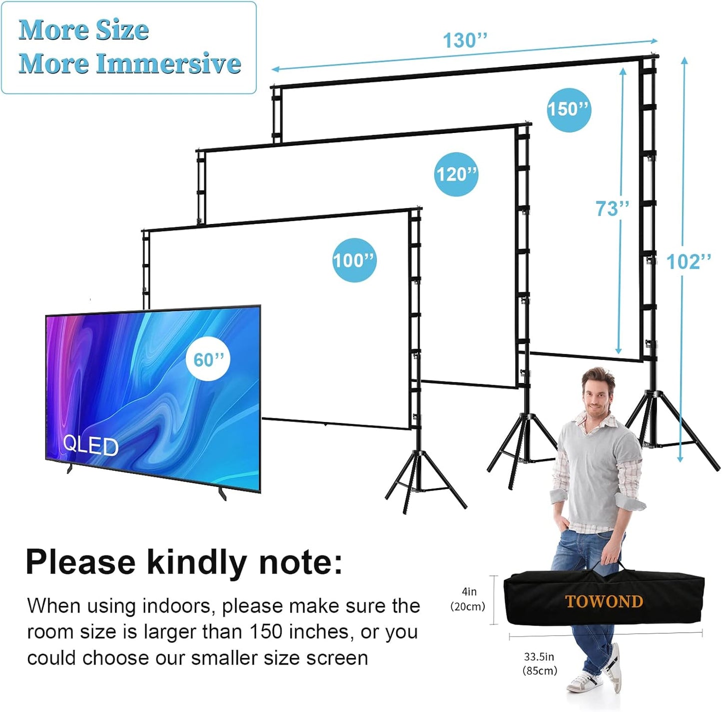 TOWOND Projector Screen and Stand, 150 inch Indoor Outdoor Projection Screen, Portable 16:9 4K HD Rear Front Movie Screen with Carry Bag Wrinkle-Free Design for Home Theater Backyard Cinema
