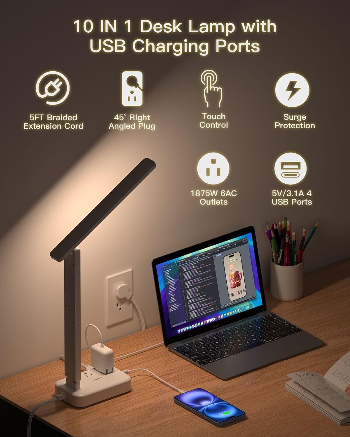 One Beat Desk Lamp with 6 Outlets 4 USB Ports(2×USB-C),Eye Protection Table Lamp Power Strip with 4 Color Modes 5 Brightness Touch LED Desk Lamps for Home Office College Dorm Room Essentials(White