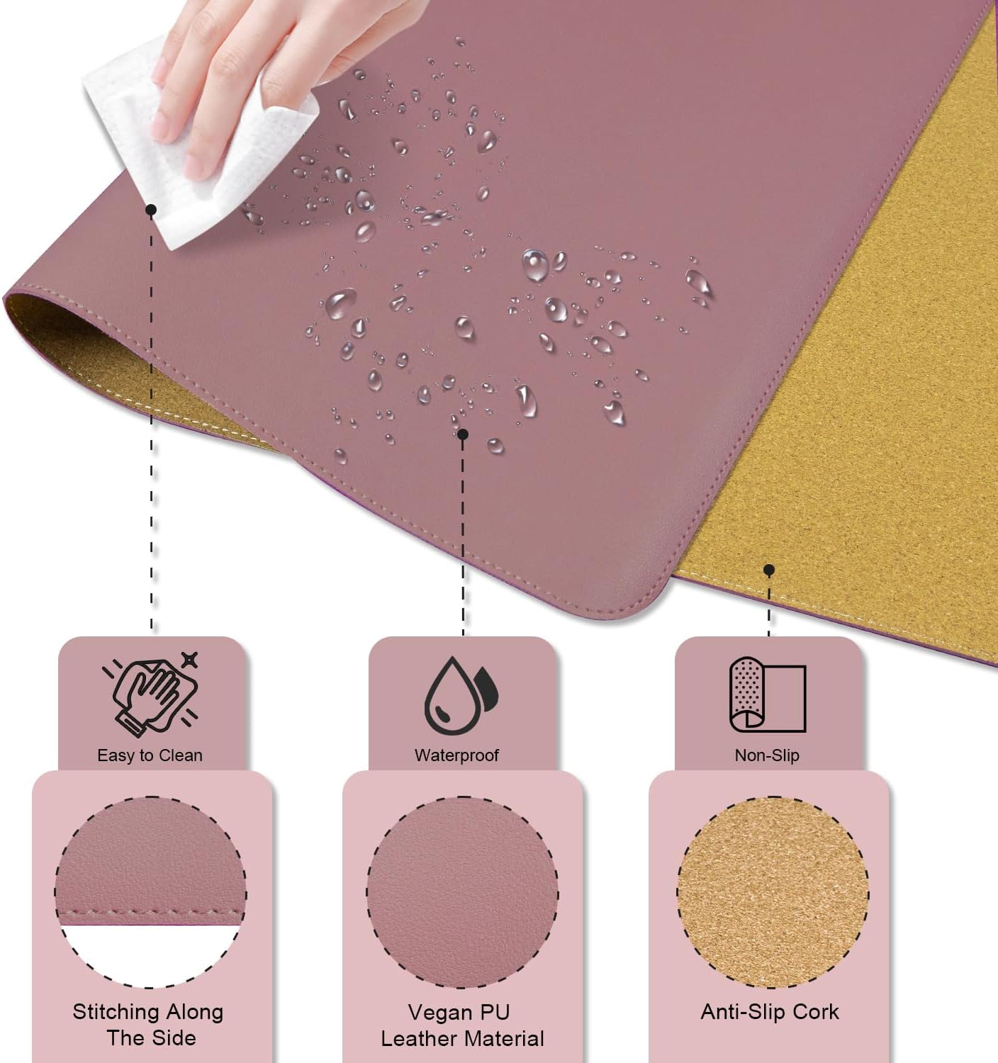 Dual-Sided Desk Pad, Natural Cork & PU Leather Mouse Pad for Desk, Desk Pad Protector, Non-Slip Desk Mat for Office and Home Work, (Purple Pink, 23.6" x 13.7")