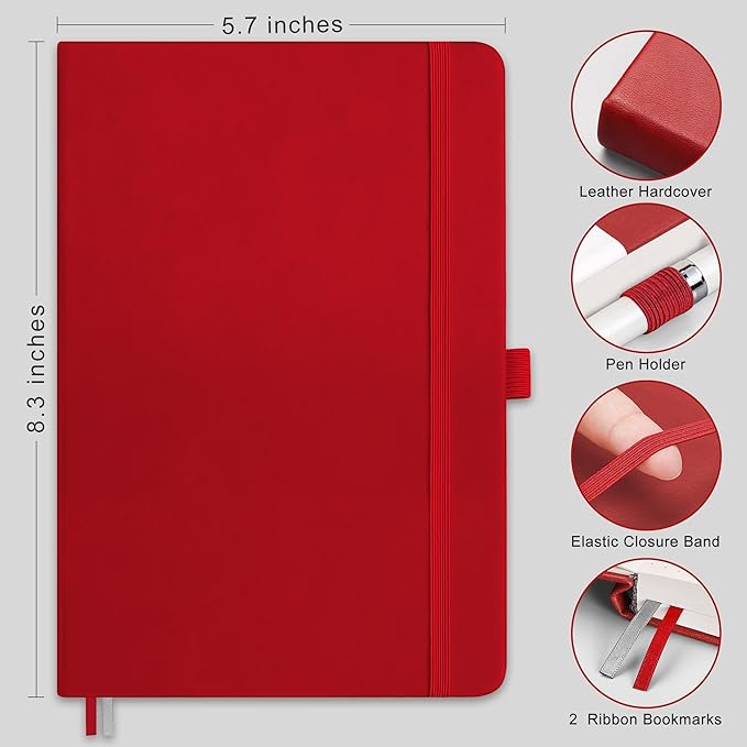 RETTACY Blank Journal Notebook, 192 Pages, A5 Medium Size (5.7'' x 8.3''), Leather Hardcover, 100 GSM Thick Paper, for Sketching, Drawing, Painting (Red)