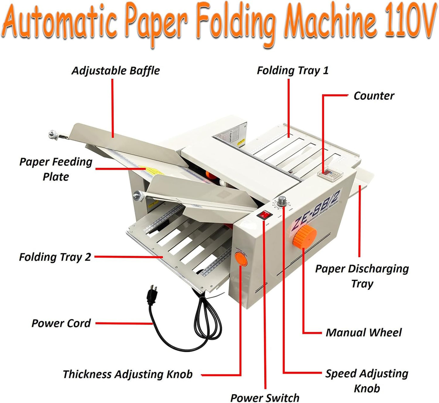 Digital Paper Folder 110V, Automatic Document Folding Machine w/ 2 Trays, Electronic Counter, Adjustable Speed (262ft/min Max), Desktop Paper Folding Machine for Manuals, Docs, Letters