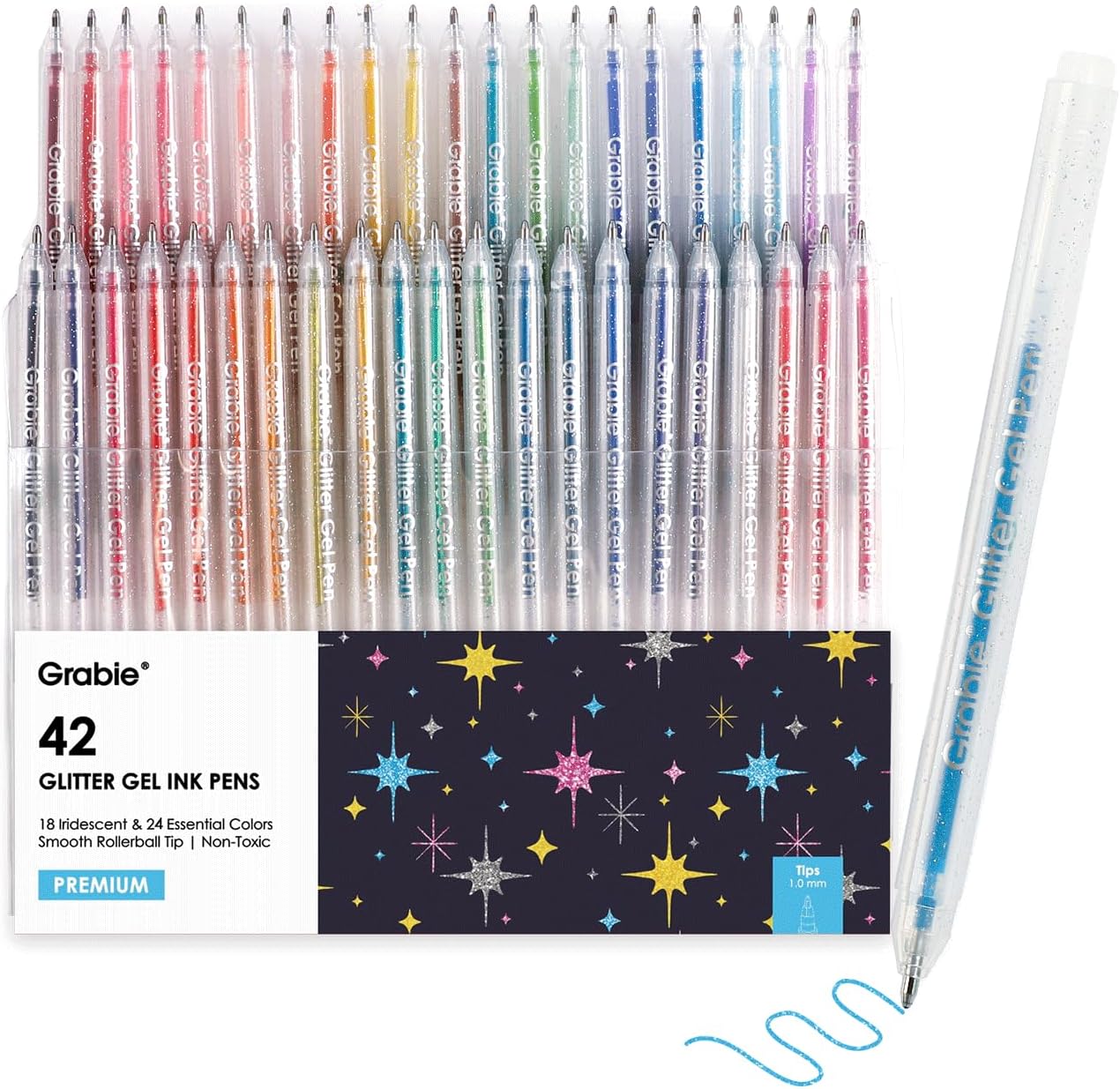 Grabie 42 Glitter Gel Pen Set, 18 Iridescent&24 Essential Color Pens, Smooth Rollerball Tip, Metallic Sparkly Gel Pens for Coloring (42 Colors Capped Glitter Gel Pens)