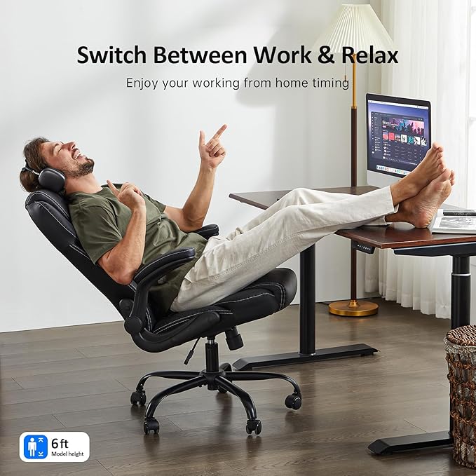 Office Chair, Executive Leather Chair Home Office Desk Chairs, Ergonomic Computer Desk Chair with Adjustable Flip-Up Arms, Lumbar Support Swivel Task Chair with Rocking Function (White)