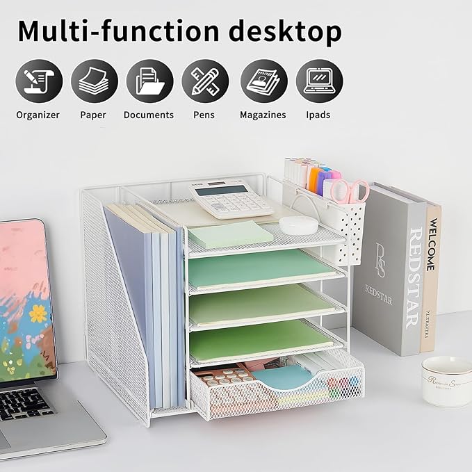 Desk Organizer with Drawer and Pen Holder, 5-Tier Paper Letter Tray Organizer with File Holder, Suitable for Workspace Organizer Office Supplies Storage (White)