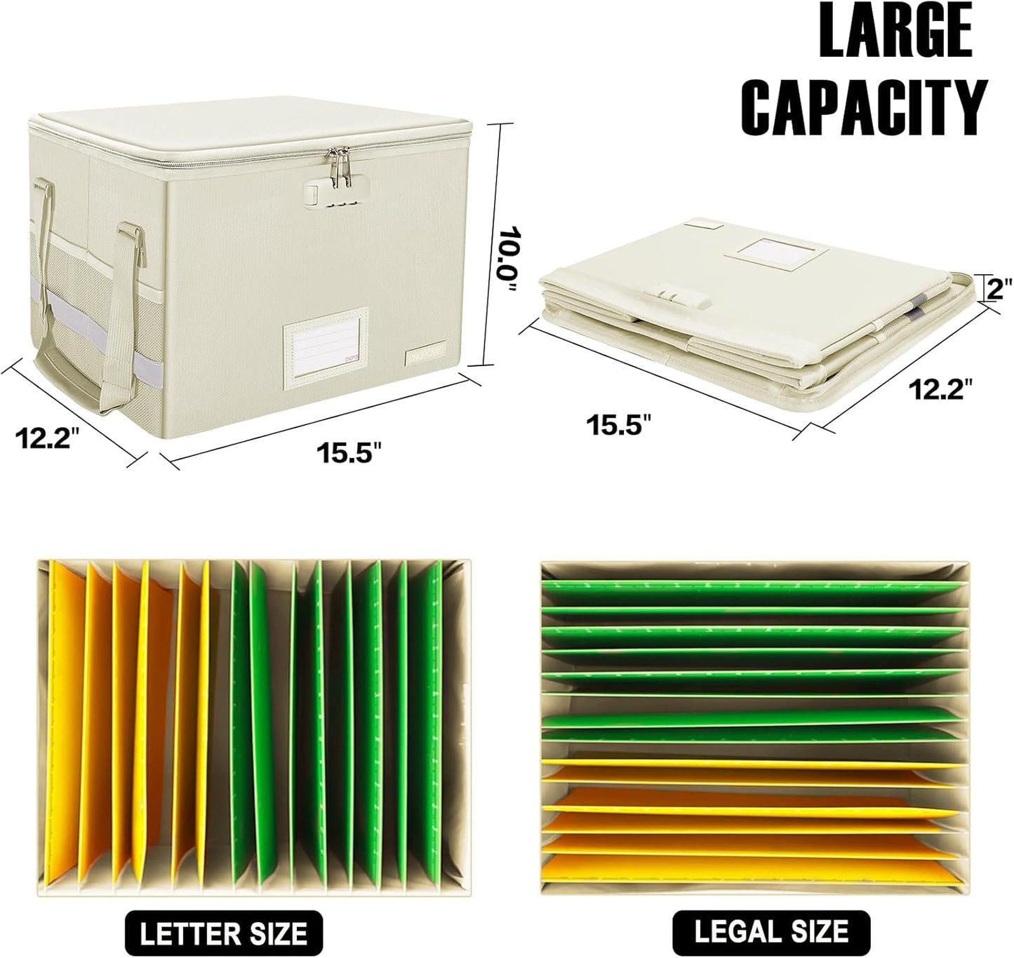 ENGPOW File Box with Lock,Fireproof Document Box with Zipper Lid,Collapsible File Storage Organizer Filing Cabinet with Handles,Portable Home Office Safe for Hanging Letter/Legal Folders,Beige,2 Pack