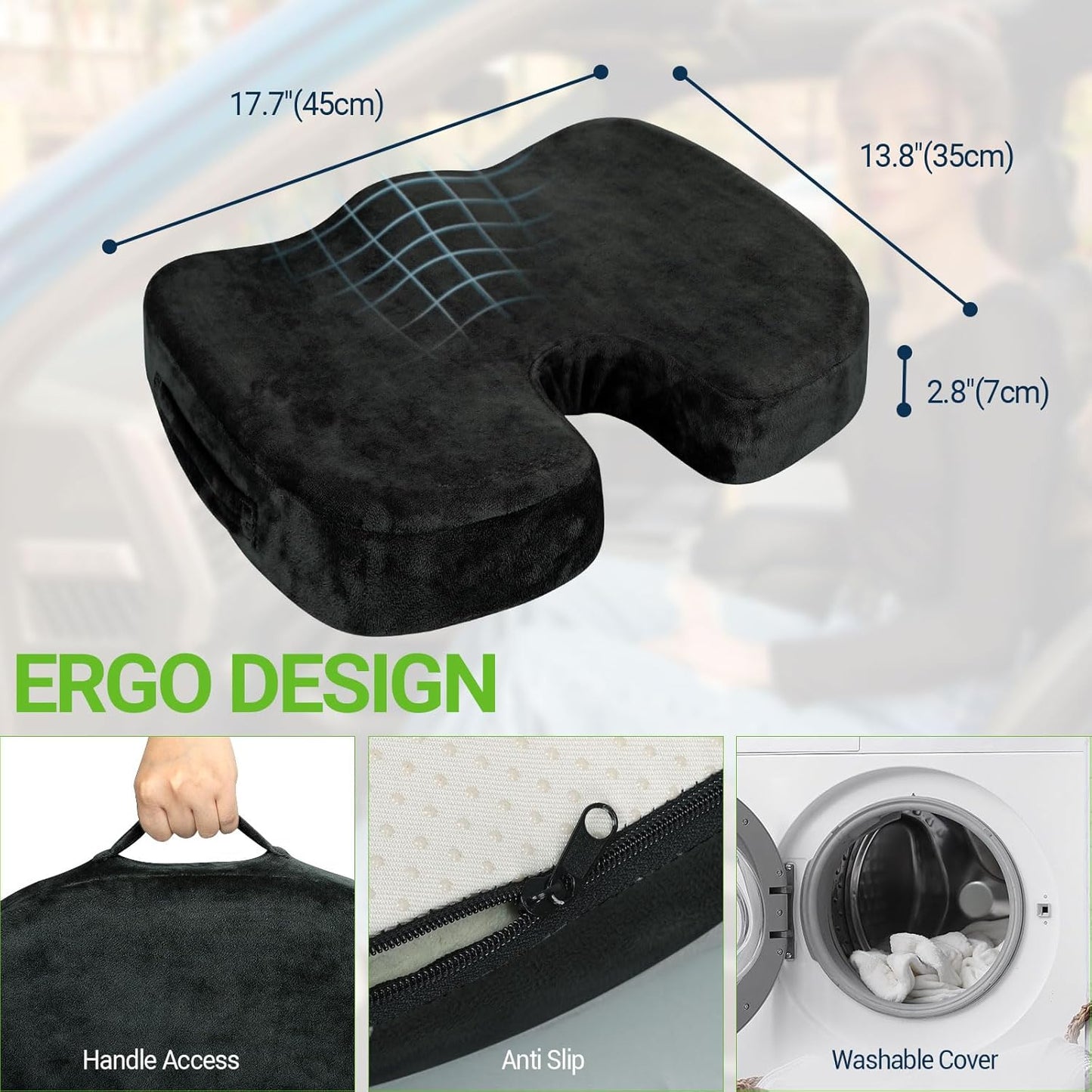 Gel Seat Cushion for Car Office - Memory Foam Pain Relief Chair Pillow Cushions - Tailbone Sciatica Coccyx Butt Lumbar Support Pad for Sitting Driving Traveling, Velvet, Black