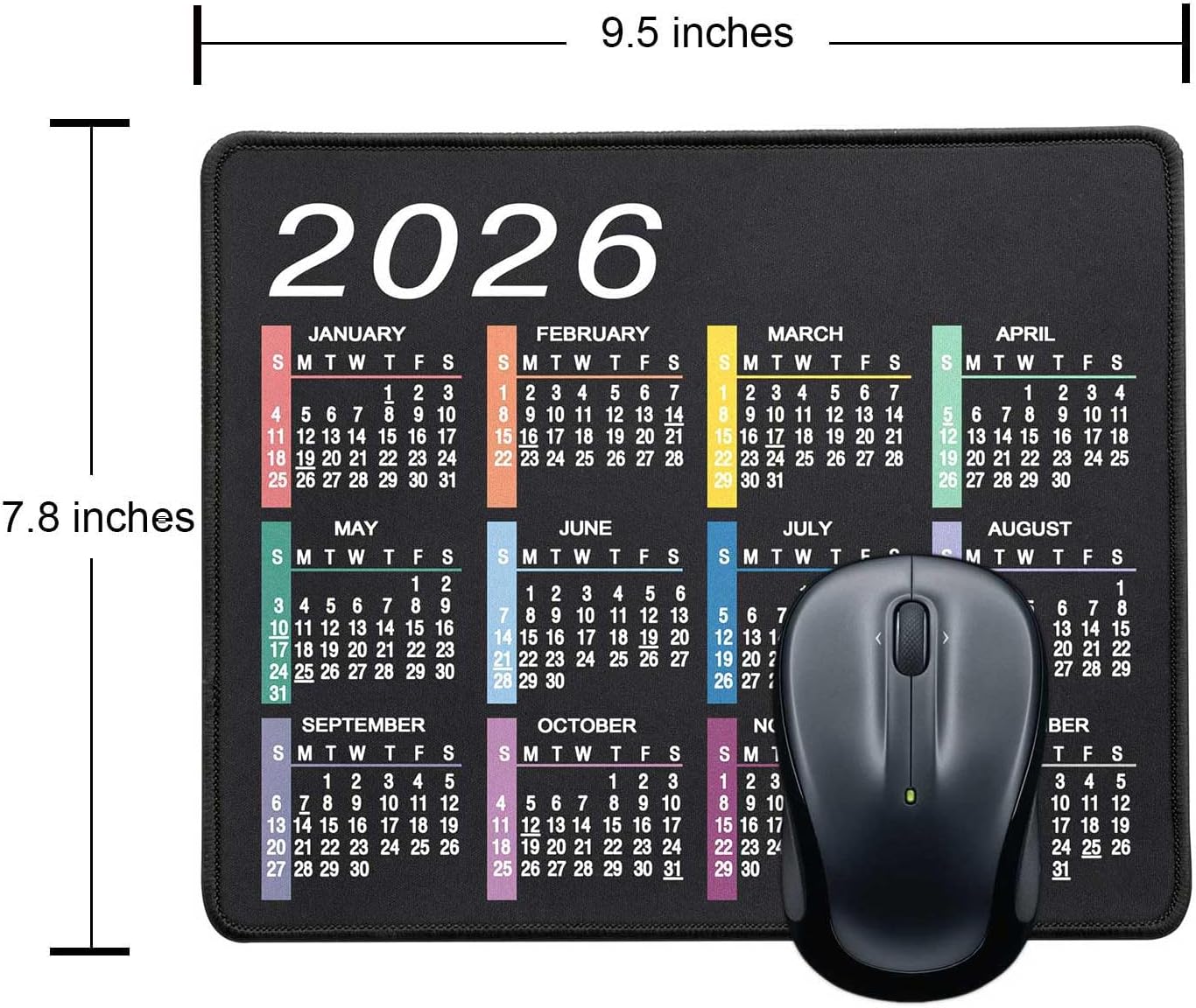 Mouse Pad with Non-Slip Rubber Base, Waterproof Computer Mousepad with Stitched Edges, Mouse Pads for Computers, Laptop, Gaming, Office & Home, 9.5 x 7.8 in (2026 Calendar Jet Black)