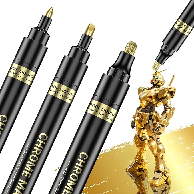 3Pcs Gold Liquid Mirror Chrome Markers, Permanent Reflective Metallic Gold Paint Pen, High Gloss Car DIY Model Painting, Touch Up Repair Kit for Plastic Metal Glass Fabric Ceremic Resins