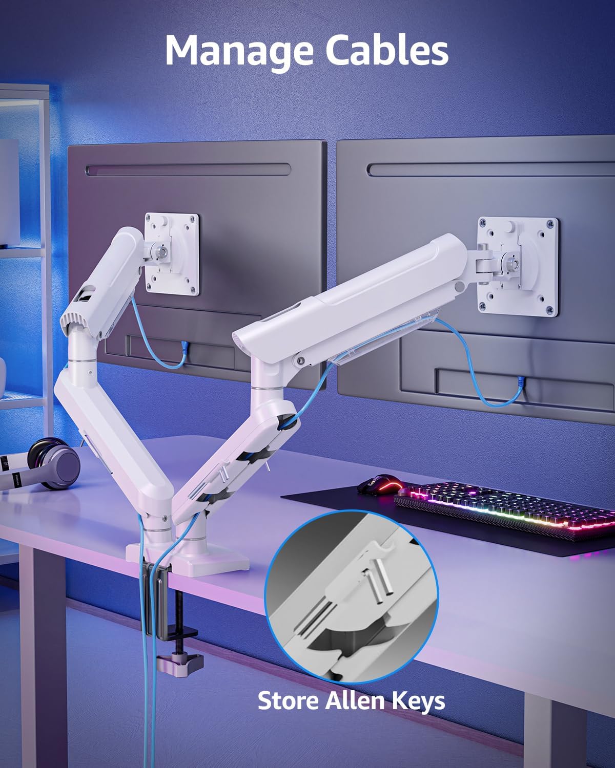 Dual Monitor Mount for 32 27 24 22inch Screens, Gas Spring Monitor Stand for 2 Monitor, Full Adjustable Monitors Desk Mount with C-Clamp＆Grommet Base, Each Arm Holds 4.4-22 lbs, Freelift Pro White