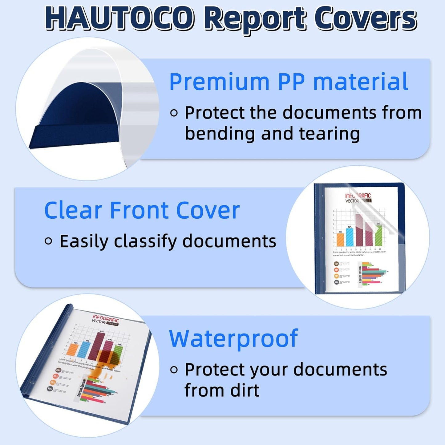 HAUTOCO 5 Pack Plastic Report Covers with 3 Prongs Fasteners Clear Front Resume Portfolio Folder for 8.5x11 Letter Size Paper, Presentation Document Report Cover for School Office Business, Navy Blue