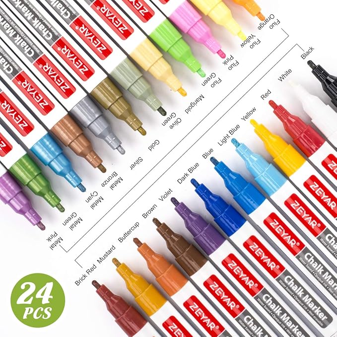 ZEYAR Liquid Chalk Marker-Wet Erase Marker, 24 Colors, 1.2mm Fine Tip for Detailed Drawing, Writes on Nonporous Chalkboards, Bistro Boards, Windows, Plastic and more (24 Colors)