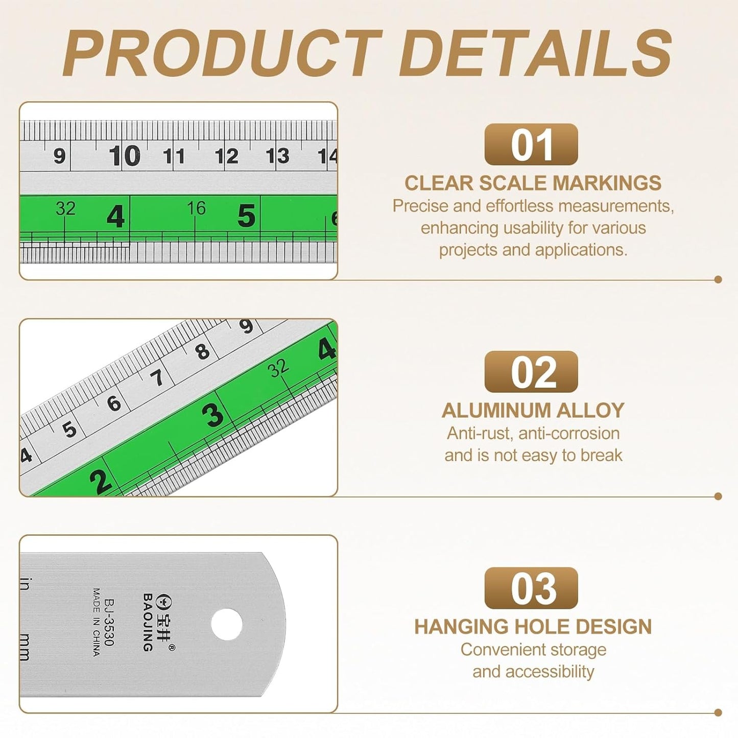 HARFINGTON 2pcs Metal Straight Ruler 20cm Metric SAE Aluminum Alloy Measuring Rulers Scale Tool with Hole for Measure Study Reading Classroom Office, Green