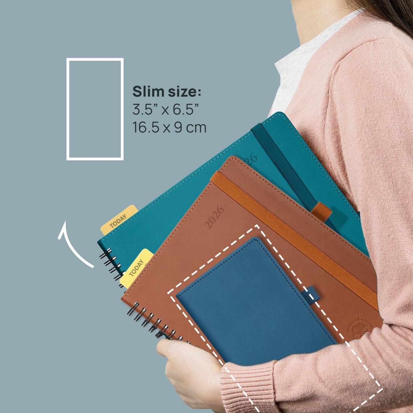 POPRUN 2026 Pocket Planner (Slim Size 3.5" x 6.5") Weekly and Monthly Calendar for Purse, with Hourly Time Slots, 100GSM Thick Paper, Spiral Soft Cover, Pen Holder - Pink