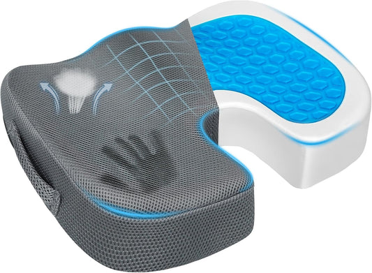 Gel Seat Cushion – Office Chair Cushion – Non-Slip Gel Memory Foam Coccyx Cushion for Tailbone Pain - Desk Chair Car Seat Cushion Driving - Sciatica Back Pain Relief, Mesh, Grey
