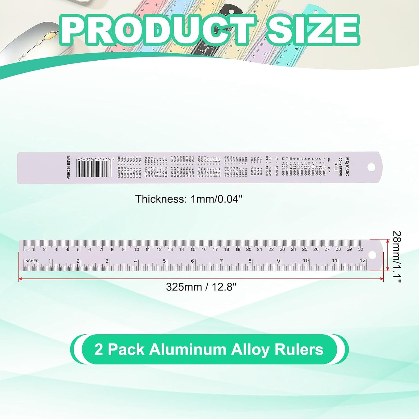 PATIKIL 30cm/12 Metal Ruler, 2 Pack Aluminum Alloy Rulers with Centimeters, Millimeters, Inches and Conversion Table Straight Edge Ruler for Writing Machinist Drafting, Purple