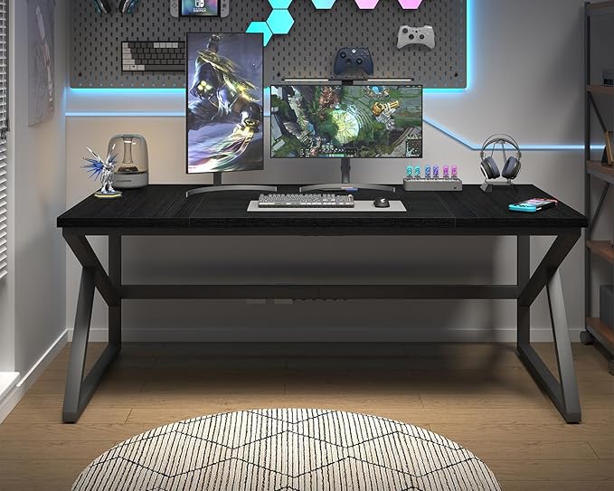 HSH 70 Inch Long Black Desk, Large Metal Wood Computer Desk for 2 Monitors, Modern Home Office PC Laptop Desk for 2 People Executive Writing Work Study Gaming, Simple Bedroom Living Room Black Table