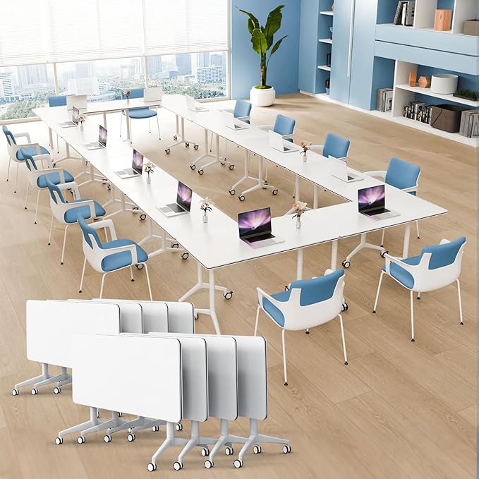 8pack Folding Conference Room Table, Modern Conference Tables with Silent Wheels, Large Rectangular Mobile Training Tables for Office Classroom, Foldable Modular Seminar Table White (L55.1in)