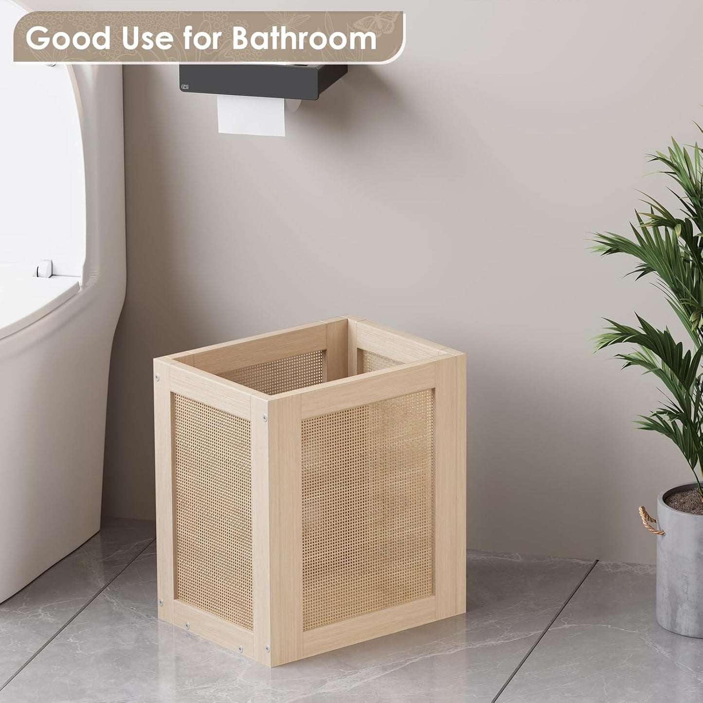 Retro Office Trash Can, Iron and Wood Combination Bedroom Garbage Can, Rectangular Design Wastebasket with Handle, Industrial Style Trash Can for Home Office, 4.5 Gallon (Natural Color)