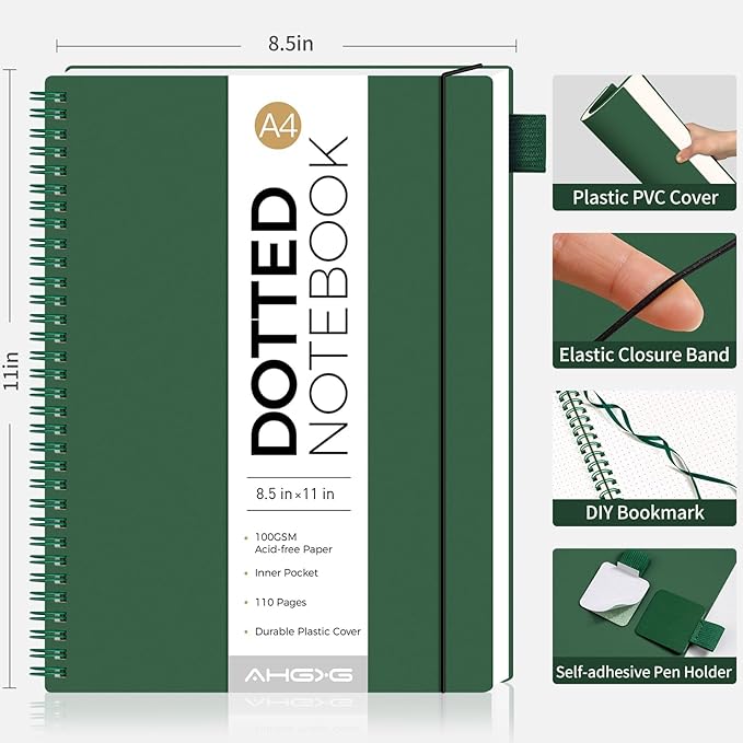 AHGXG Bullet Dotted Journal - Dot Grid Spiral Notebook 8.5" x 11", A4 Large Dotted Notebook, 100 GSM Thick Paper, Waterproof Plastic Cover Journals for Bullet Journaling, Sketching, Green