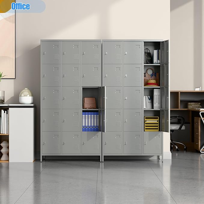 Metal Storage Locker with 9 Doors and 27 Hooks,Metal Lockers for Employees with Lock for School Garage Office Gym,Assembly Required,Light Grey