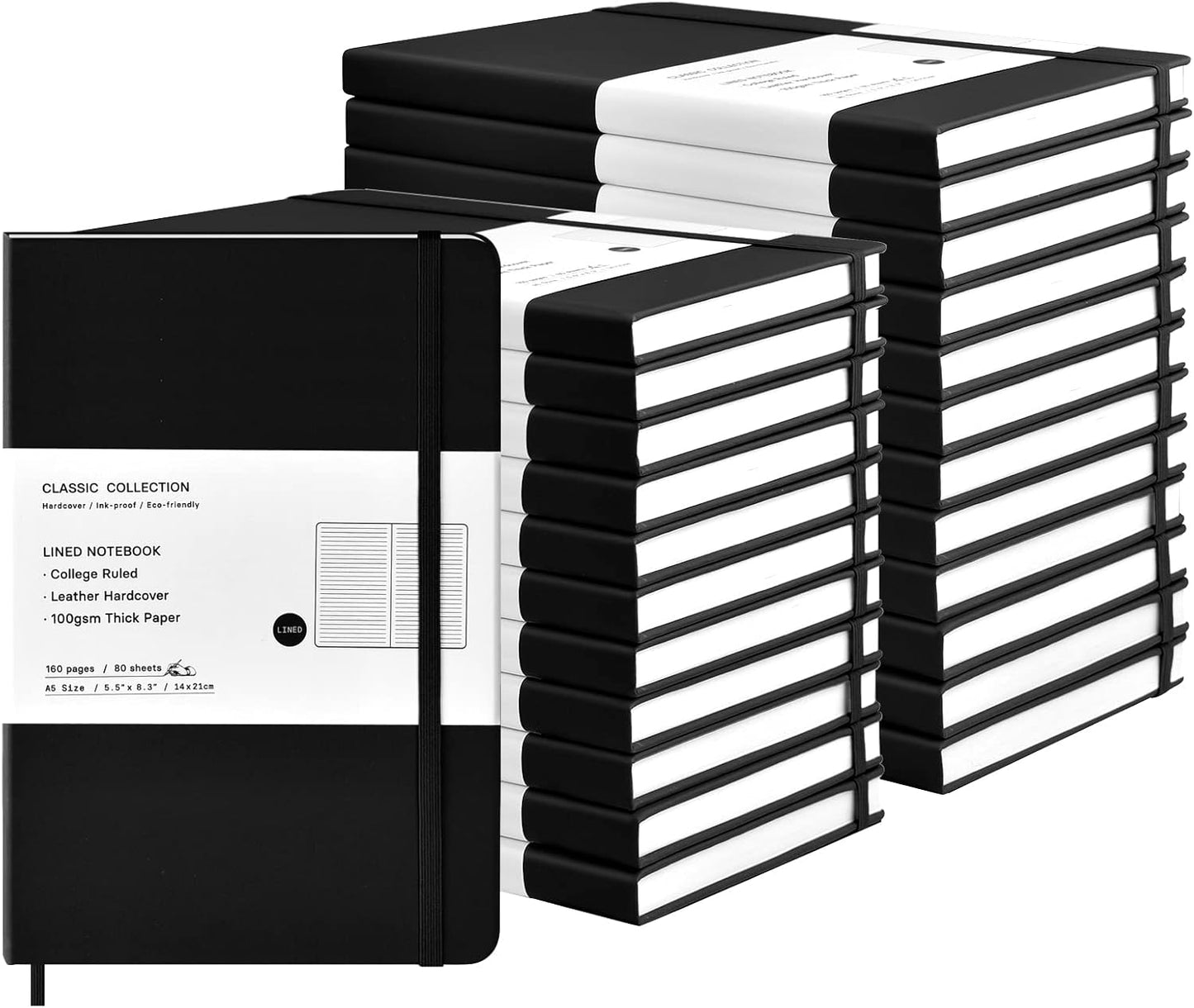 Coopay 24 Pack A5 Journal Notebooks Bulk, 160 Pages, 100GSM Thick Paper, 8.3 x 5.5 inch Hardcover Lined Leather Journals for Writing Office School Business,Bulk Notebook for Work Men Women(Black)