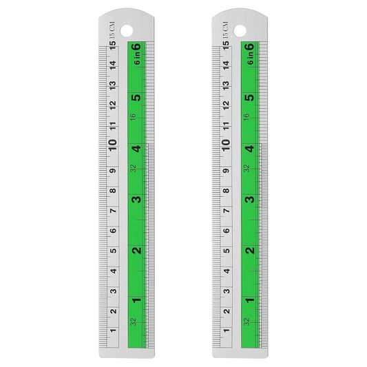 HARFINGTON 2pcs Metal Straight Ruler 15cm Metric SAE Aluminum Alloy Measuring Rulers Scale Tool with Hole for Measure Study Reading Classroom Office, Green