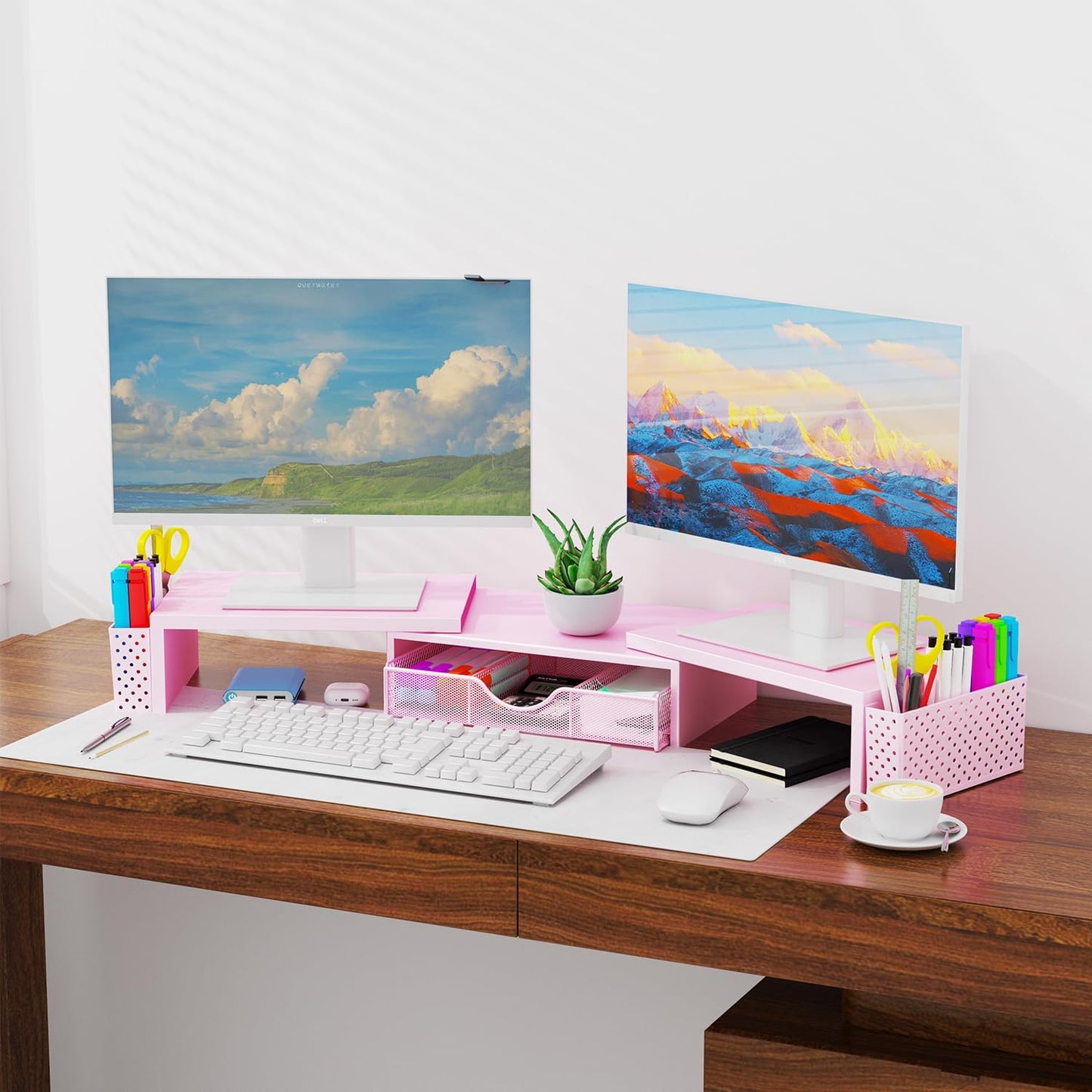 Spacrea Metal Desk Organizers and Accessories, Dual Monitor Stand Riser with Drawer and 2 Pen Holders, Desk Accessories & Workspace Desktop Organizers for Office Supplies (Pink)