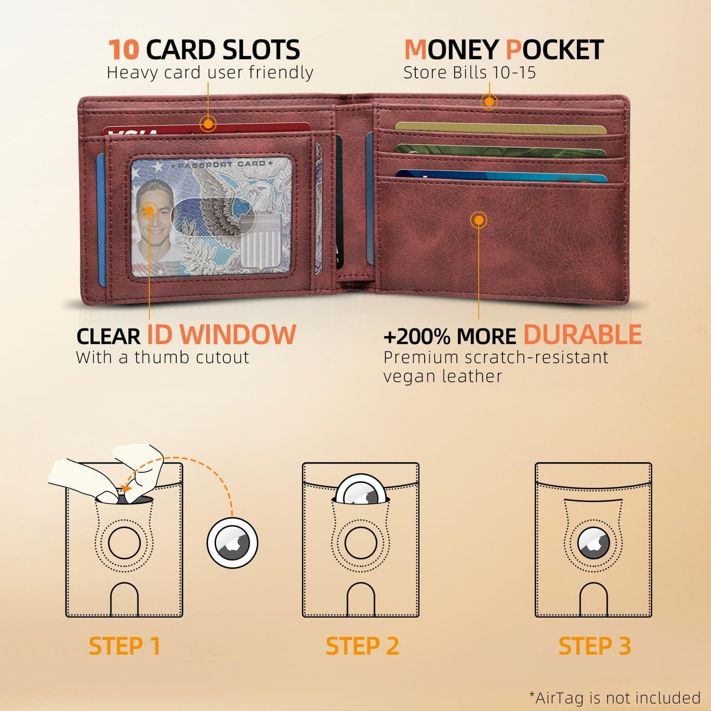 RUNBOX AirTag-Wallet-Mens-Slim-RFID Blocking Wallets Leather with Bill Compartment Air Tag Bifold Card Holder Wallet Gifts for Men Dad