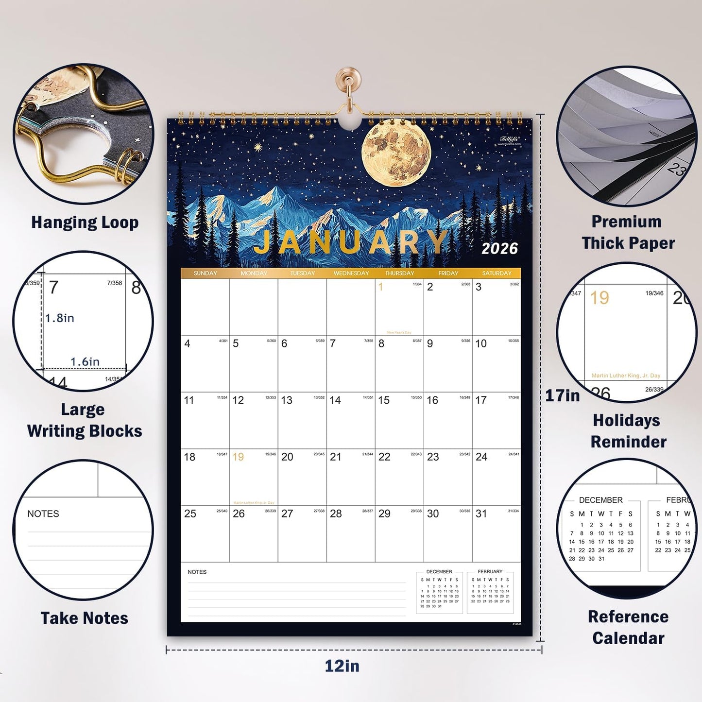 2026 Wall Calendar - 2026 Calendar, JAN 2026 - DEC 2026, 12" x 17", Large Calendar 2026 with Twin-wire Binding, Notes, Perfect 2026 Wall Calendar 12 Month for Organizing