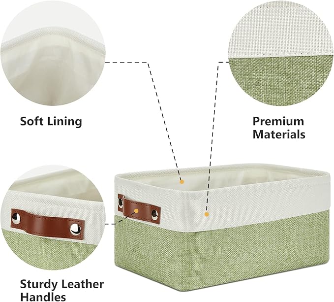 DULLEMELO Storage Baskets for Shelves, Small Fabric Collapsible Rectangular Storage Baskets for Organizing, Closets, Nursery, Home, Office, Empty Gift Baskets (6-Pack, White&Green)