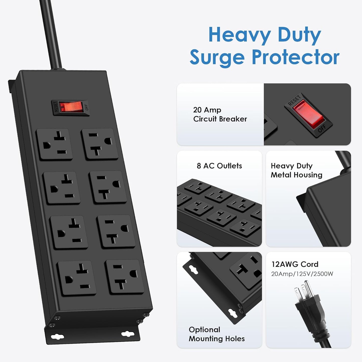 JUNNUJ Heavy Duty 20 Amp Power Strip, Garage 8 Outlets Metal 12 Gauge Surge Protector 3000J, High Amp 5-15P Adapter Shop 6-20R T-Slot Industrial Outlets (8AC, 15FT)