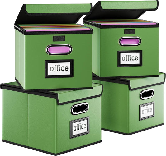 Huolewa Portable Leather File Organizer Boxes with Lids, Office Document Boxes Organizer, Filing Boxes, Decorative Small File Boxes for Hanging Files, File Cabinet for Office/Home - 4 Pack