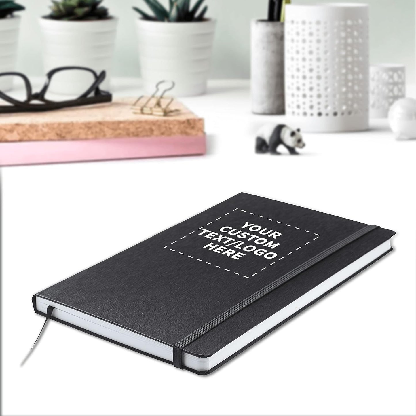 DISCOUNT PROMOS Custom Hardcover Notebook Journals with Elastic Colored Band Set of 12, Personalized Bulk Pack - Perfect for School, Office, Home - Black