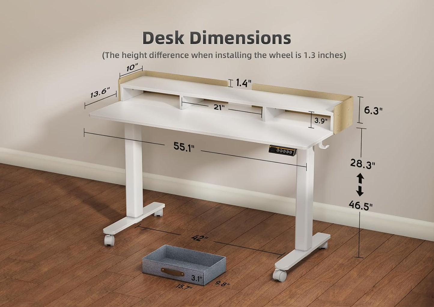YDN Standing Desk with Drawers, 55 Inch Standing Desk Adjustable Height, Adjustable Electric Stand Up Sit Stand Small Desks with Storage and Shelf, White
