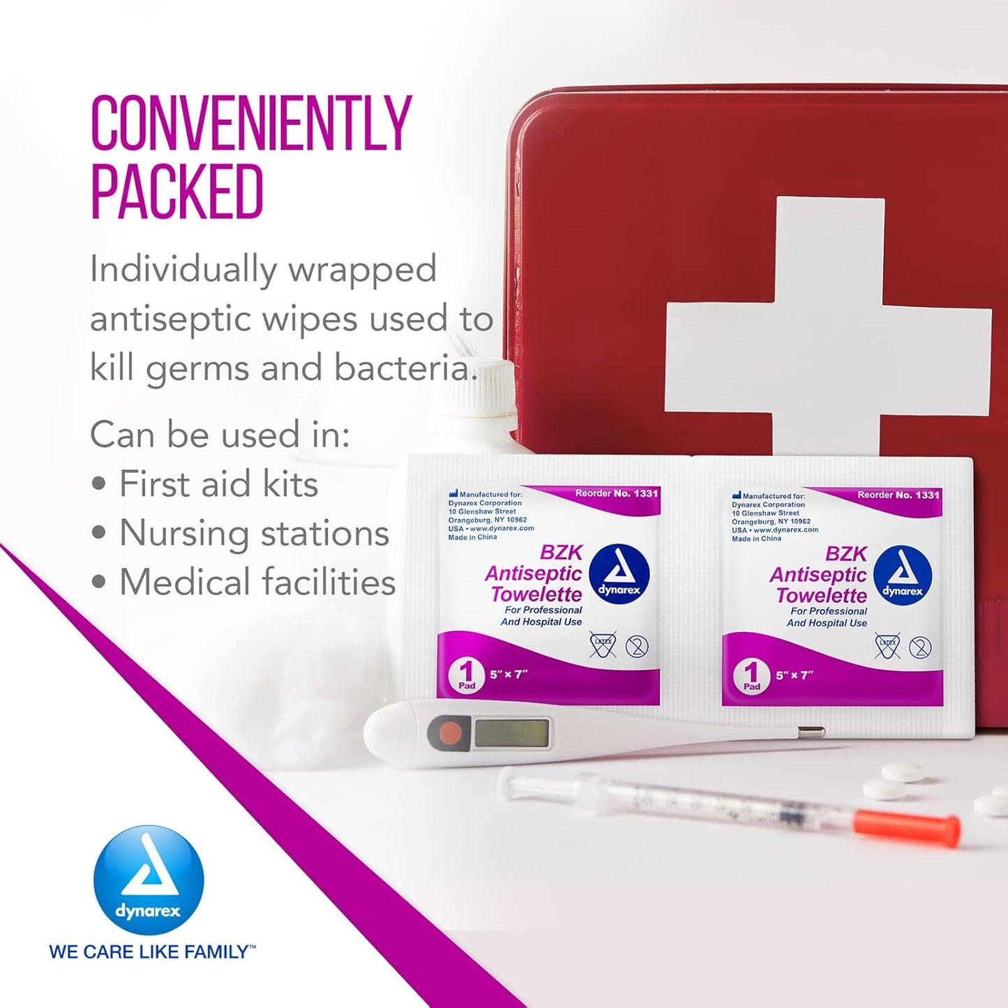 Dynarex BZK Antiseptic Towelettes - 5"x7" - Benzalkonium Chloride, Hand Sanitizing Wipes or First Aid Wound Wipes, 1 Case of 1000 (Packaging May Vary)