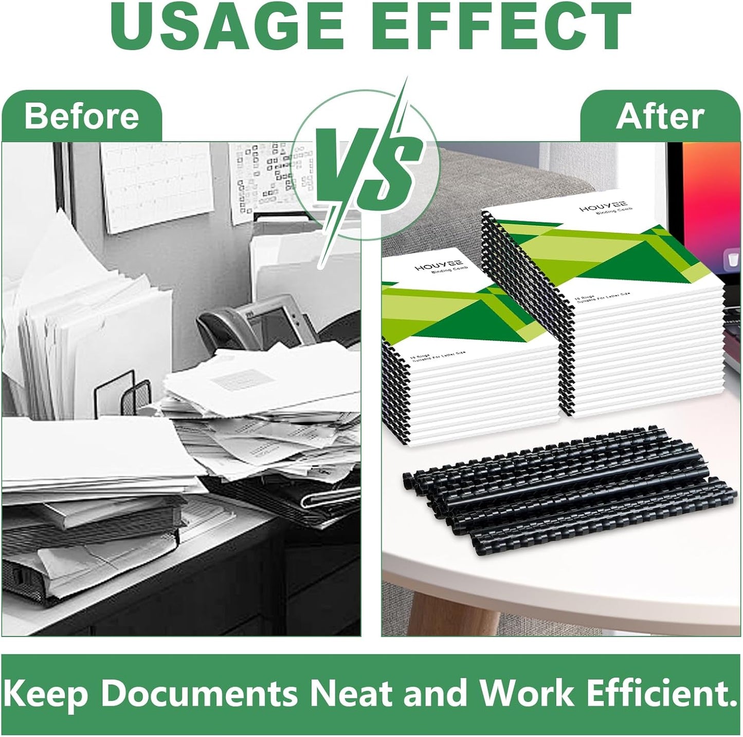 HOUYEE 1/2 Inch Plastic Binding Comb 19 Ring, 90 Sheet Capacity, Letter Size Black Comb Binding Spines (50 Pack)