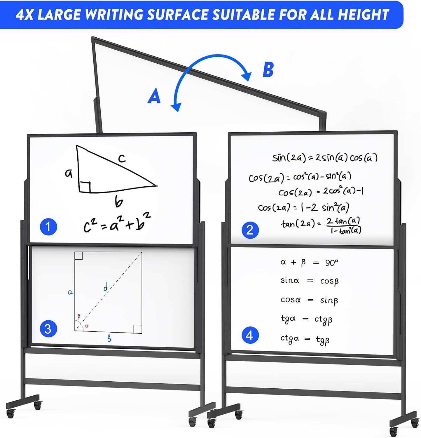 Double-Sided White Board on Wheels, 48x60 Inch (4'x5') Large Magnetic Mobile Dry Erase Board, Height Adjustable Stand Rolling Whiteboard for Office, Classroom, Home School Use, Black