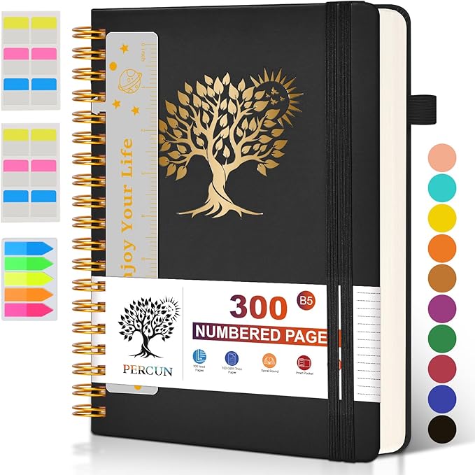 Large Spiral Notebook Journal for Women Men - 300 Numbered Lined Pages, College Ruled,B5 Hardcover Spiral Bound Notebook for School, Work, Note Taking, Writing, Leather Spiral Journal 7"x10"