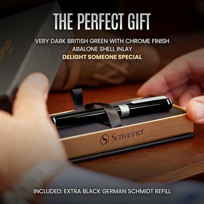 Scriveiner Black Green Rollerball Pen - Stunning Luxury Pen, Chrome Finish, Schmidt Ink Refill, Best Roller Ball Pen Gift Set for Men & Women, Professional, Executive Office