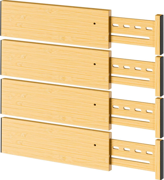 Bamboo Drawer Dividers 4" High, 12.8-18" Adjustable Drawer Organizers for Clothes,Expandable Dresser Separators in Bedroom/Kitchen/Bathroom/Office Organization and Storage,4 Pack