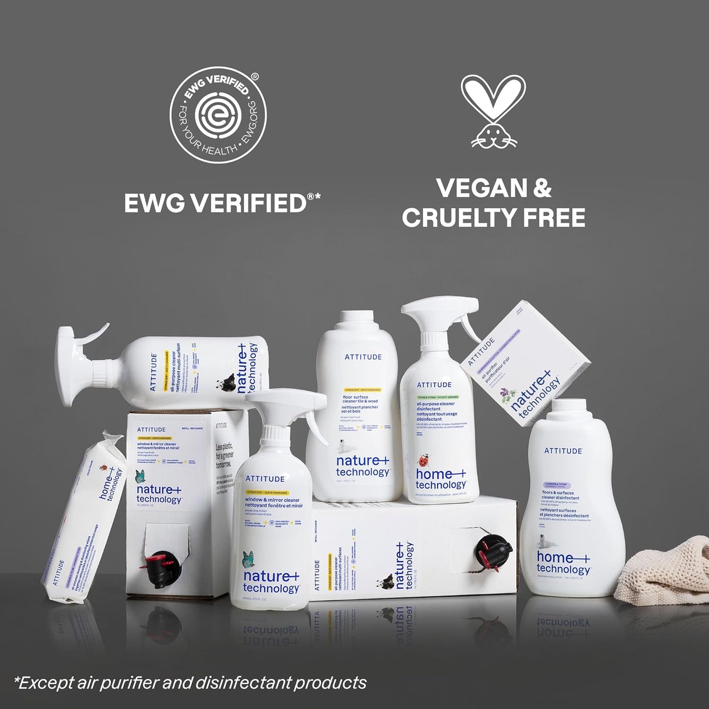 ATTITUDE All Purpose Cleaner Spray, EWG Verified, Vegan, Made with 94% Plant-Based Ingredients, Streak-Free for Kitchen, Bathroom, Glass & More, Unscented, 27.1 Fl Oz (Pack of 3)