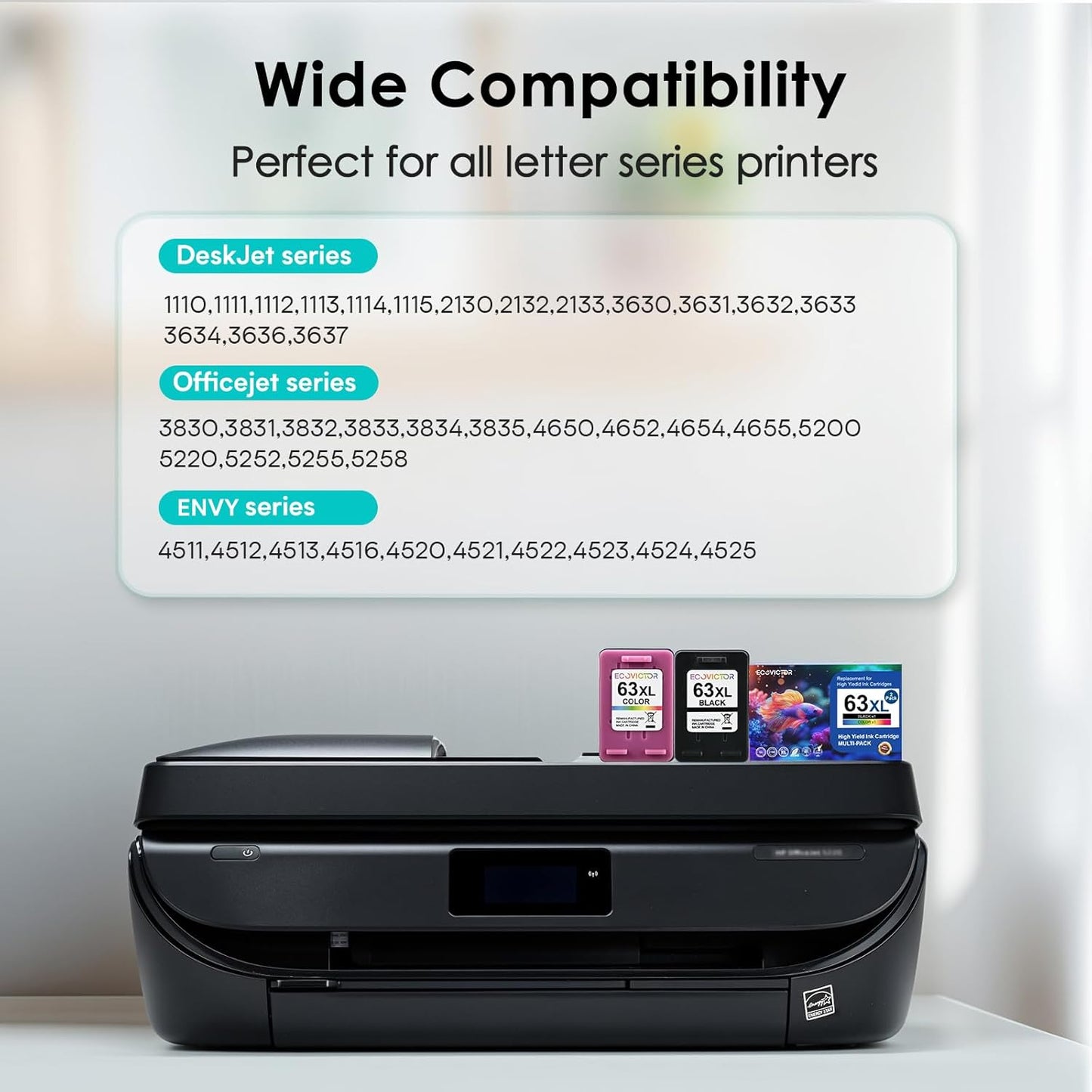 Eco-Friendly Remanufactured Ink Cartridge Replacement for HP 63 63XL HP63 Black and Color Combo 2 Pack for 3830 4650 4652 4655 4520 4512 5255 5258 5252 5200 3833 3630 3632 2132 2130 Printer