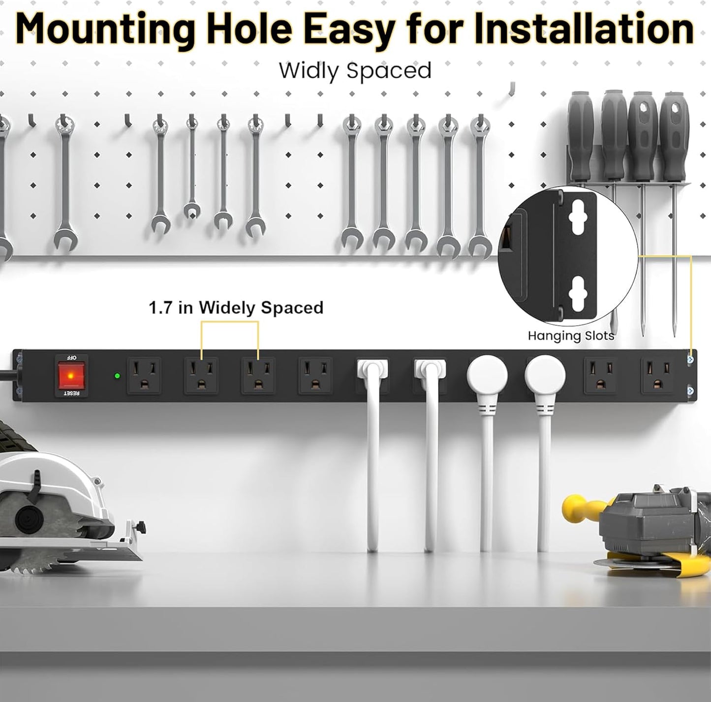 KF 10 Long Power Strip, Heavy Duty Surge Protector with 2100J, 15A/1875W Wall Mount Power Strip with Upgraded Switch, 14AWG 8FT Cord