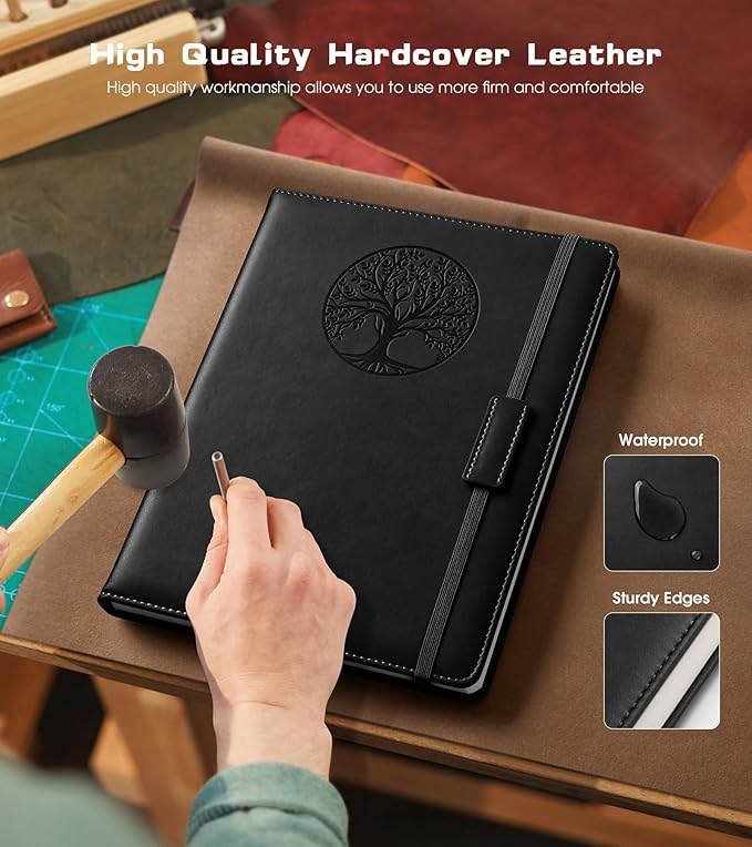 Lined Journal Notebook for Women Men,256 Pages A4 Large Hardcover Leather Journals for Writing,Travel,Business,Work,School,College Ruled Notebooks for Note Taking,Diary Notepad 8.6"×11" (Black)